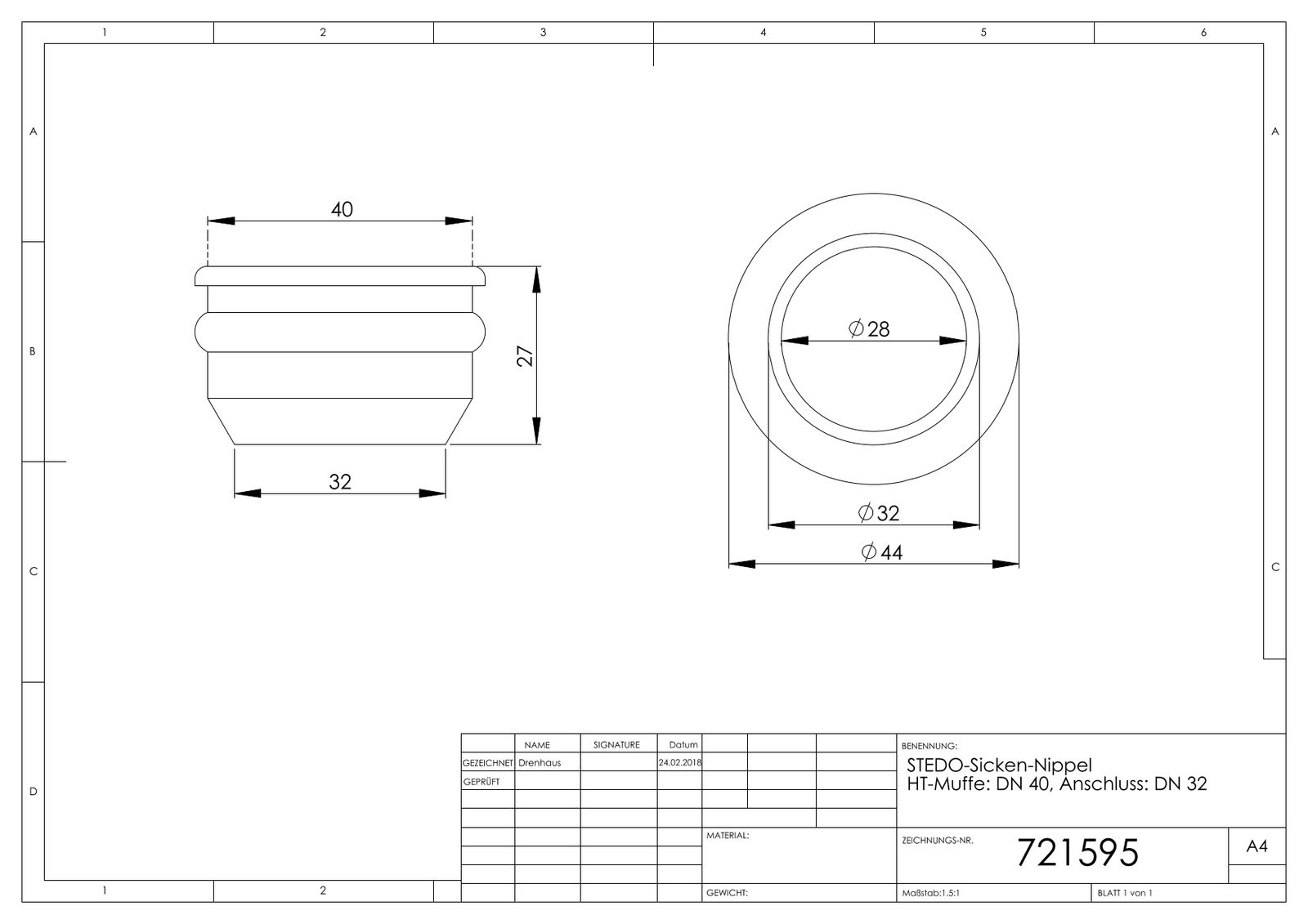 STEDO HT-Sicken-Nippel HT-Muffe Ø 40 mm, Anschluss d = 32 mm