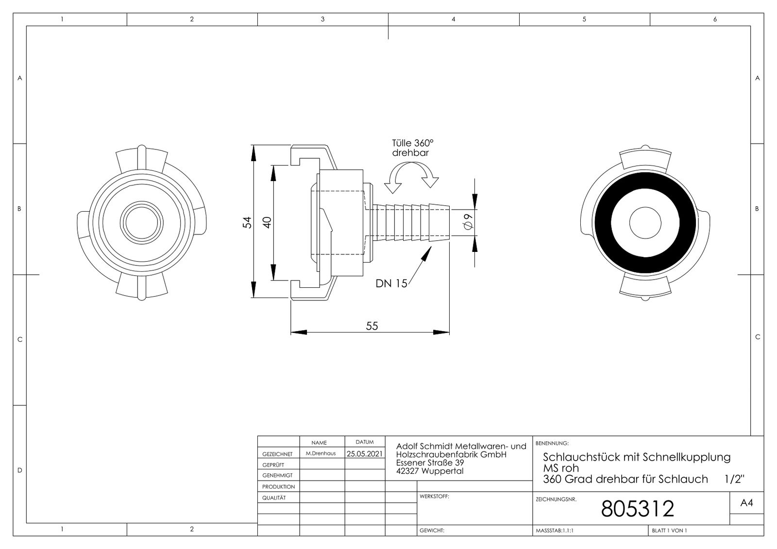ASW Schlauchstück für Schlauch 1/2", Tülle 360Grad drehbar, Messing roh ASW Schlauchstück für Schlauch 1/2", Tülle 360Grad drehbar, Messing roh