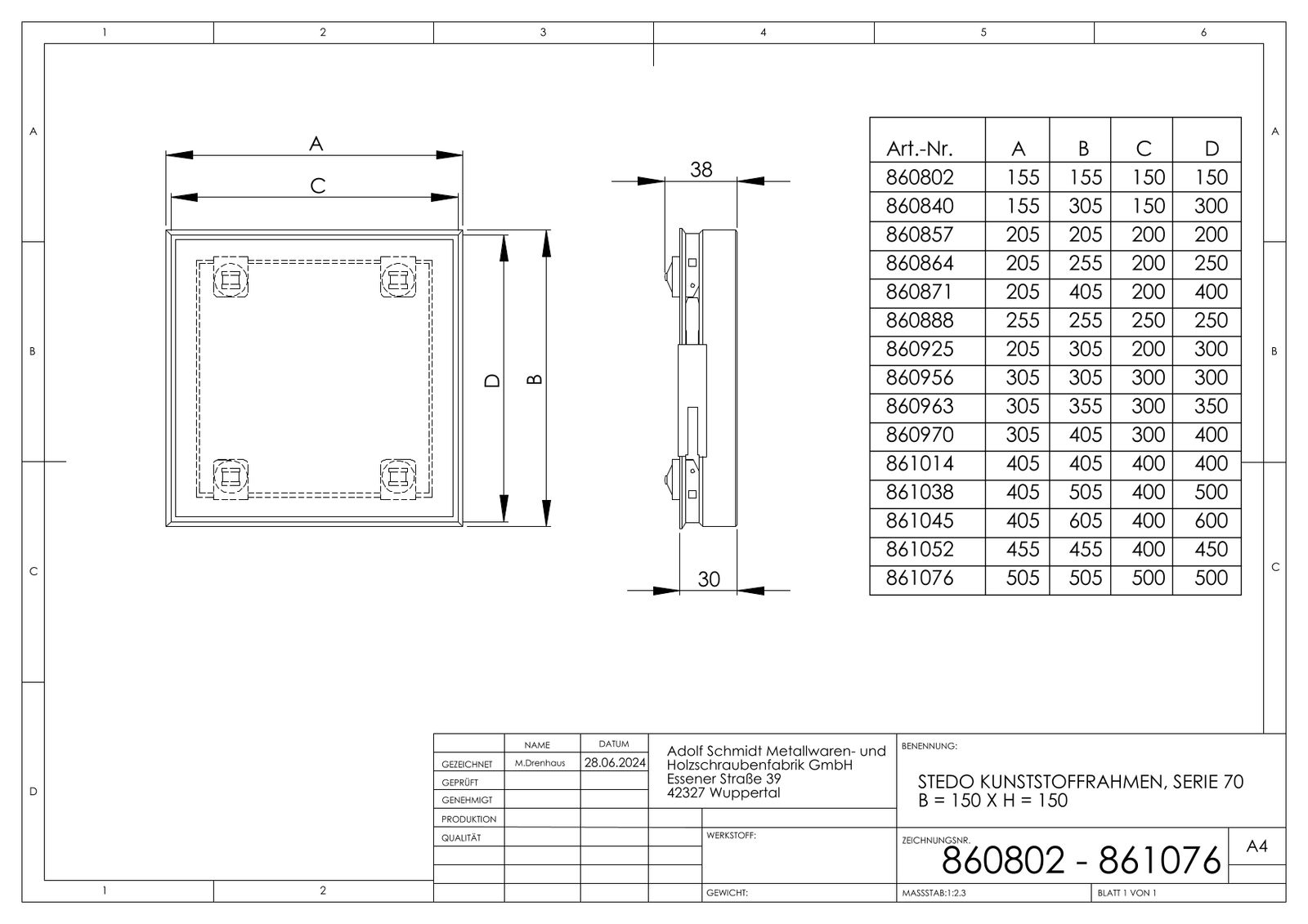 STEDO Kunststoffrahmen Serie 70 400 x 600 mm, Magnethalter, Trägerplatte, befliesbar