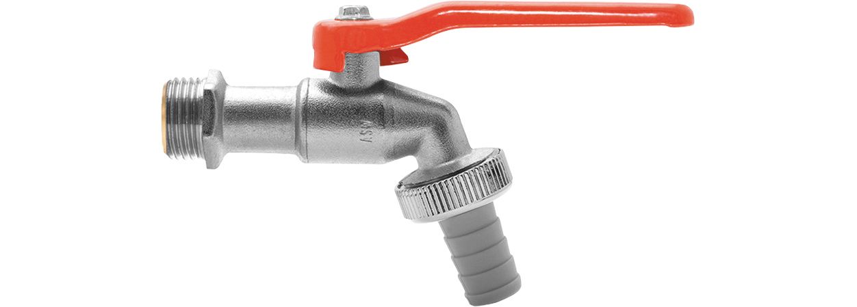 ASW Kugel-Auslaufventil 3/4", Griff rot, Messing CW617N matt verchromt, mit Schlauchverschraubung