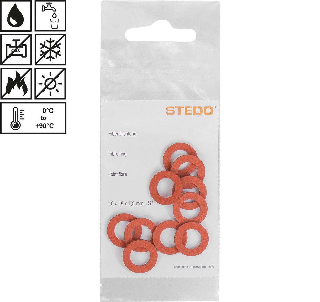 STEDO Fiber-Dichtungset 10 Stück 3/4", 26,5 x 32 x 1,5 mm, für Hahnoberteile, rot