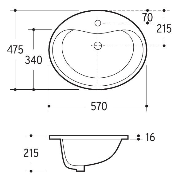 AQVAZONE Einbau-Waschtisch AQVA CERAMICA weiß, oval, 570 x 475 x 215 mm, mit Überlauf/Hahnloch