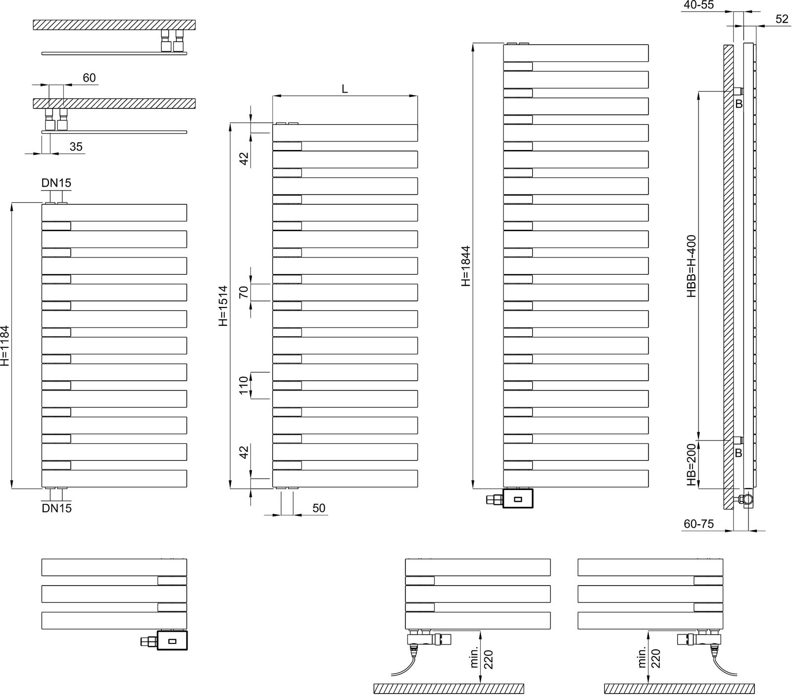 Bemm Badheizkörper Triola E 1514 x 600 mm, platinum, rein elektrisch, wendbar
