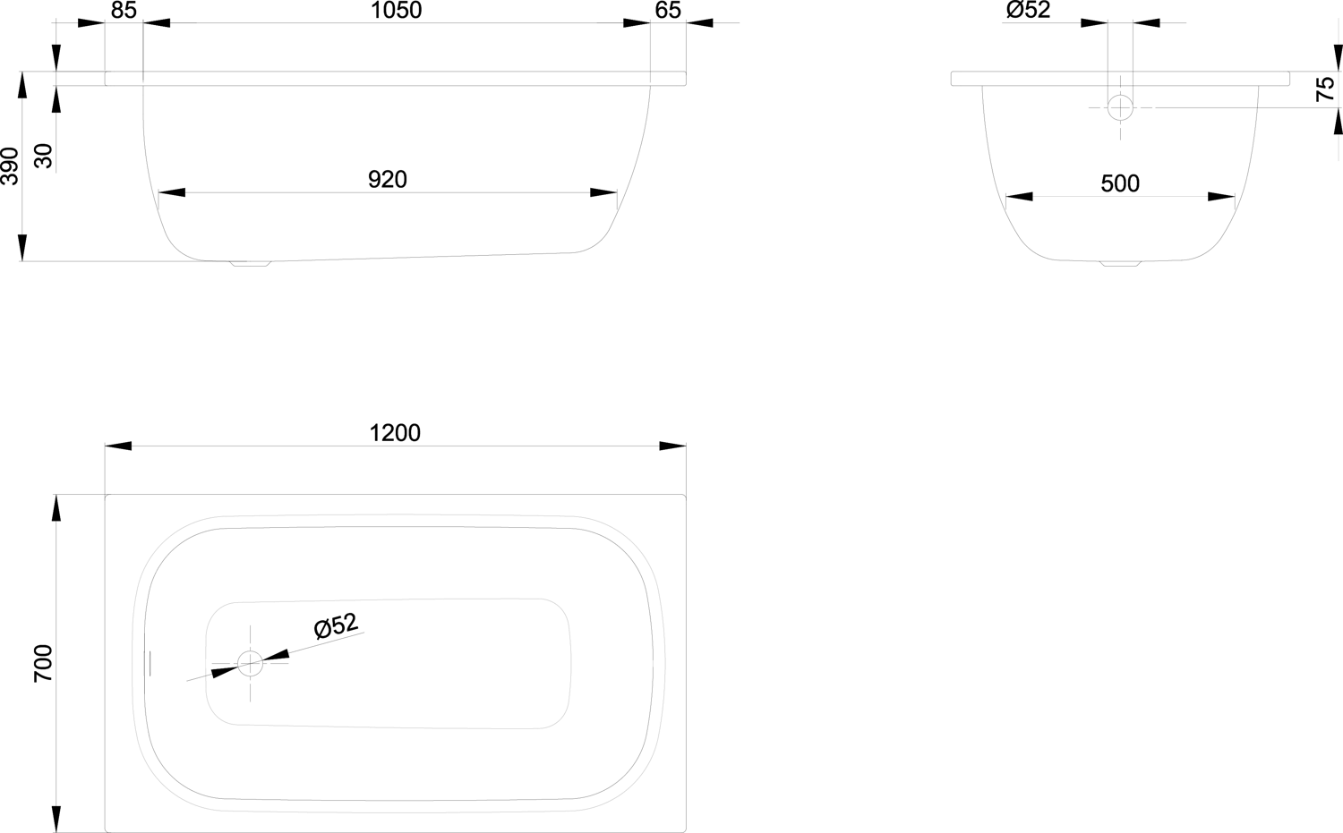 Badewanne LaBette 1200 120x70x39cm, pergamon