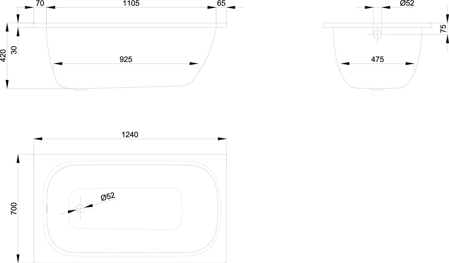 Badewanne LaBette 1240 124x70x42cm, starwhite