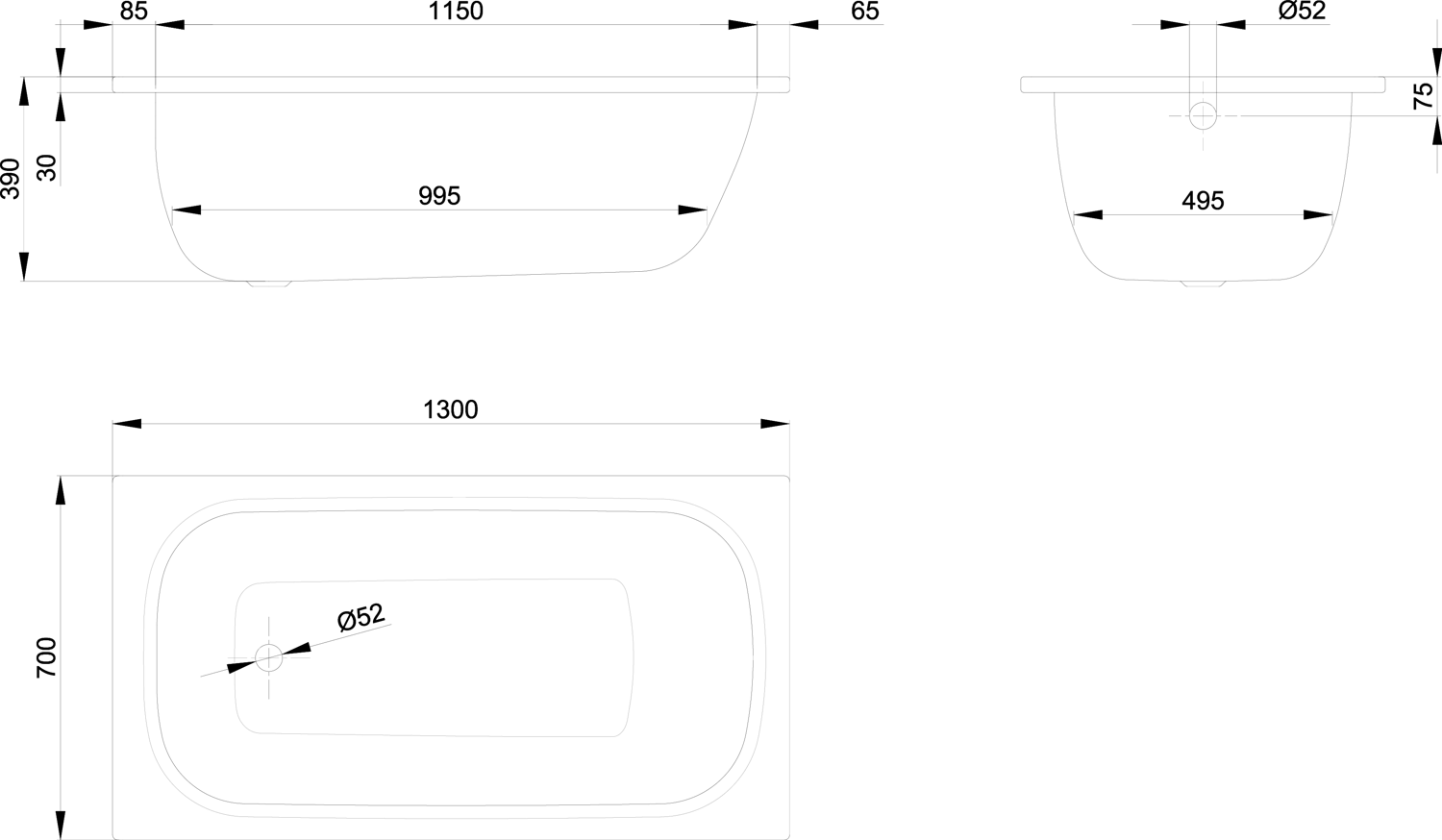 Badewanne LaBette 1300 130x70x39cm, calypso