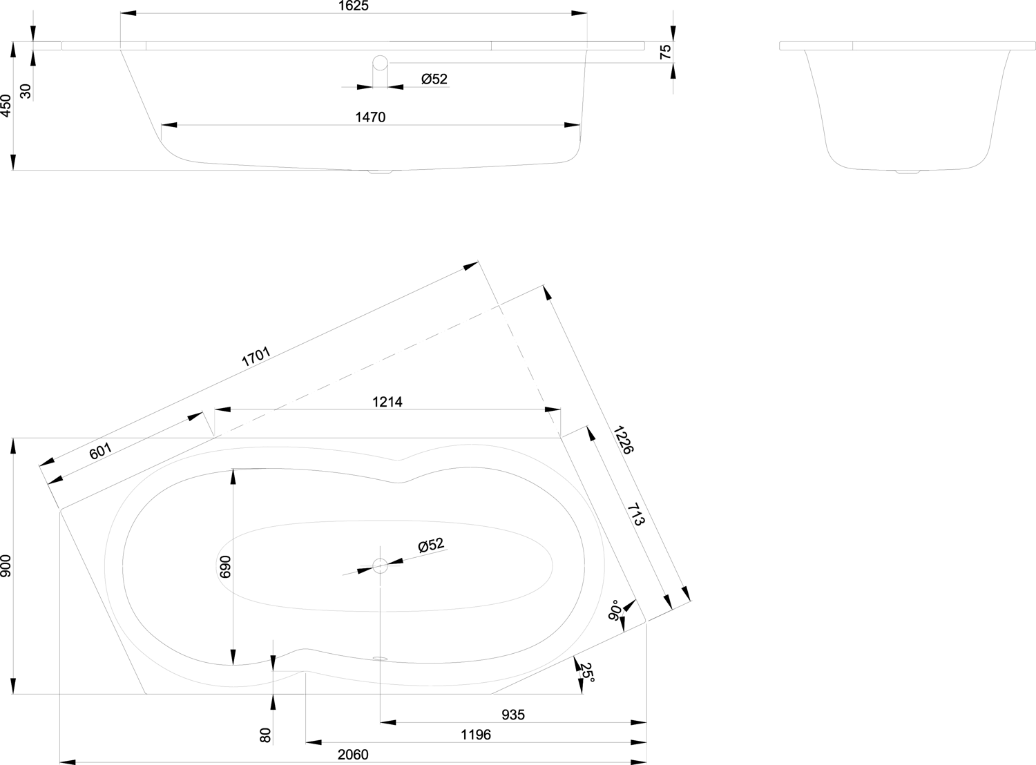6-Eck-Badewanne BetteMetric 6840 206x90x45cm, Fußende rechts, Überlauf vorne, manhattan