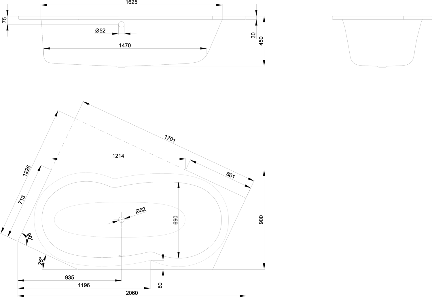 6-Eck-Badewanne BetteMetric 6841 edelweiß, 206x90x45cm, Fußende links, Überlauf vorne