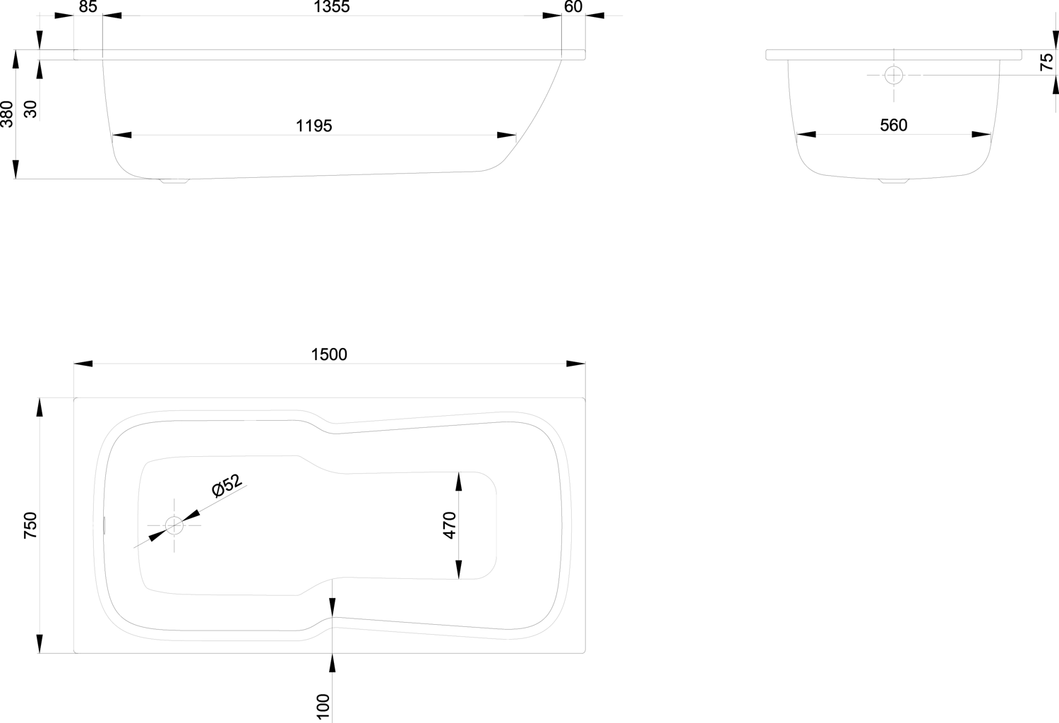 Badewanne BetteSet 2560 150x75x38cm, ägäis