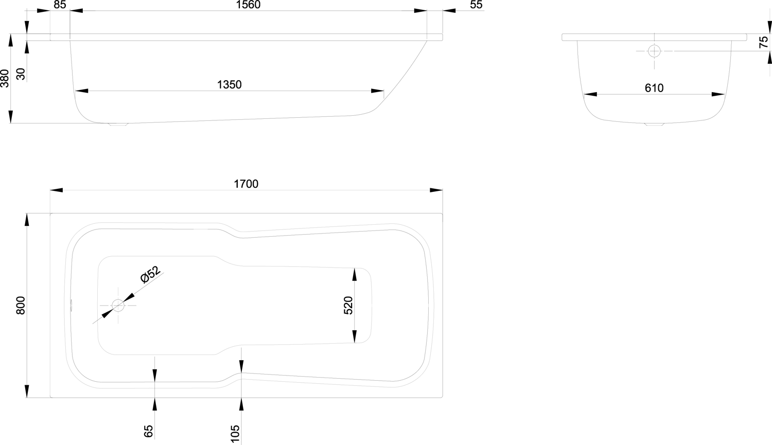 Badewanne BetteSet 3760 170x80x38cm, pergamon