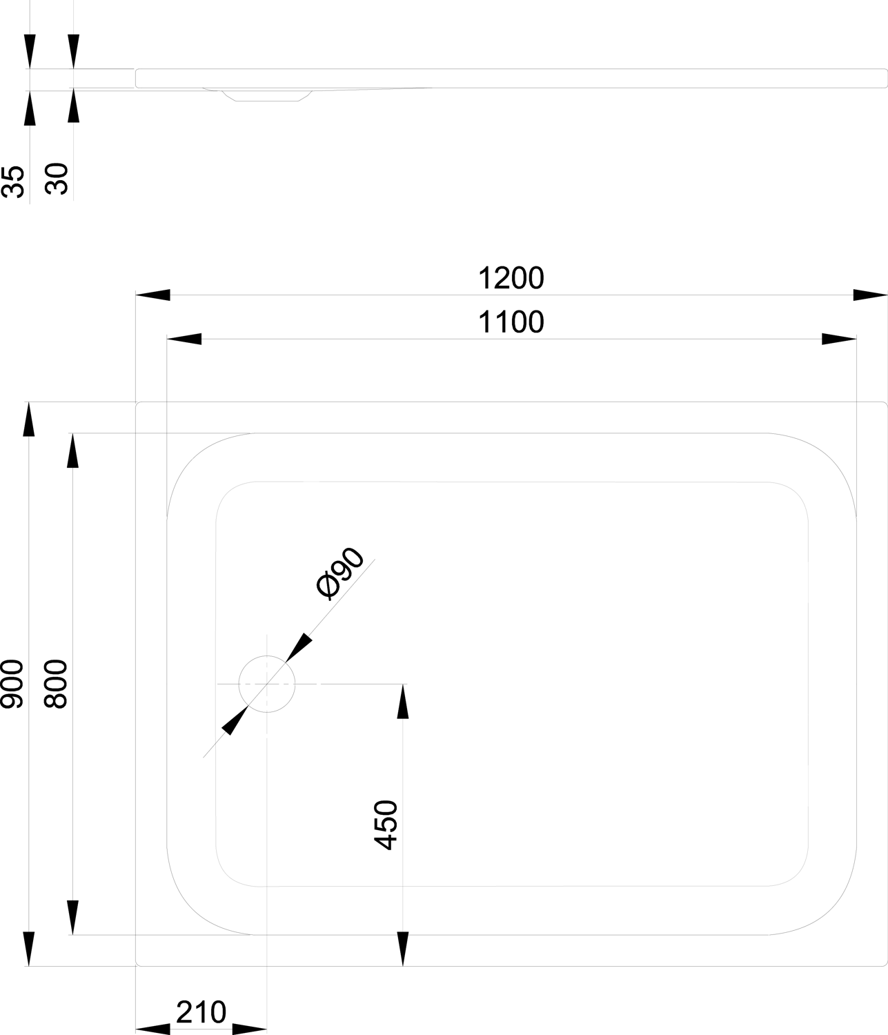 Duschwanne BetteUltra 1260 120x90x3,5cm, Antirutsch/Pro, Mini-Wannenträger, raven