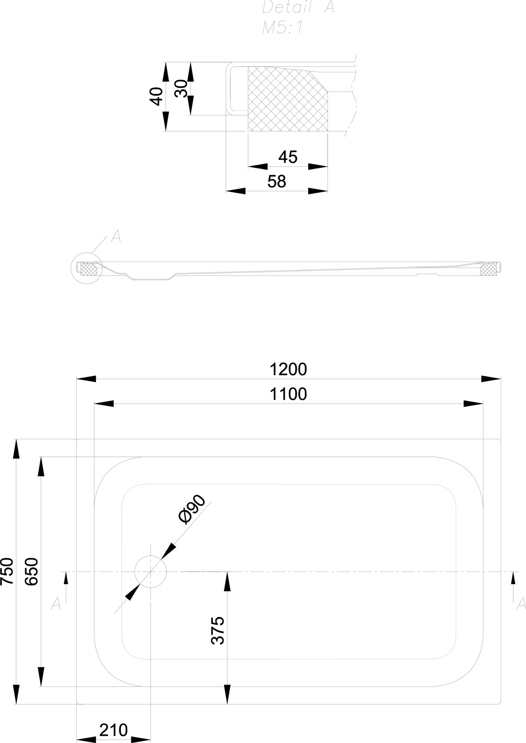 Duschwanne BetteUltra 1670 120x75x3,5cm, Mini-Wannenträger, manhattan