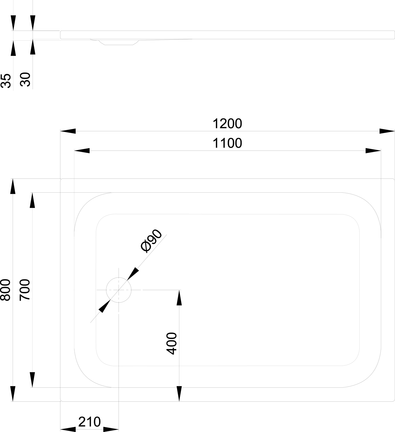 Duschwanne BetteUltra 1680 120x80x3,5cm, Glasur, raven