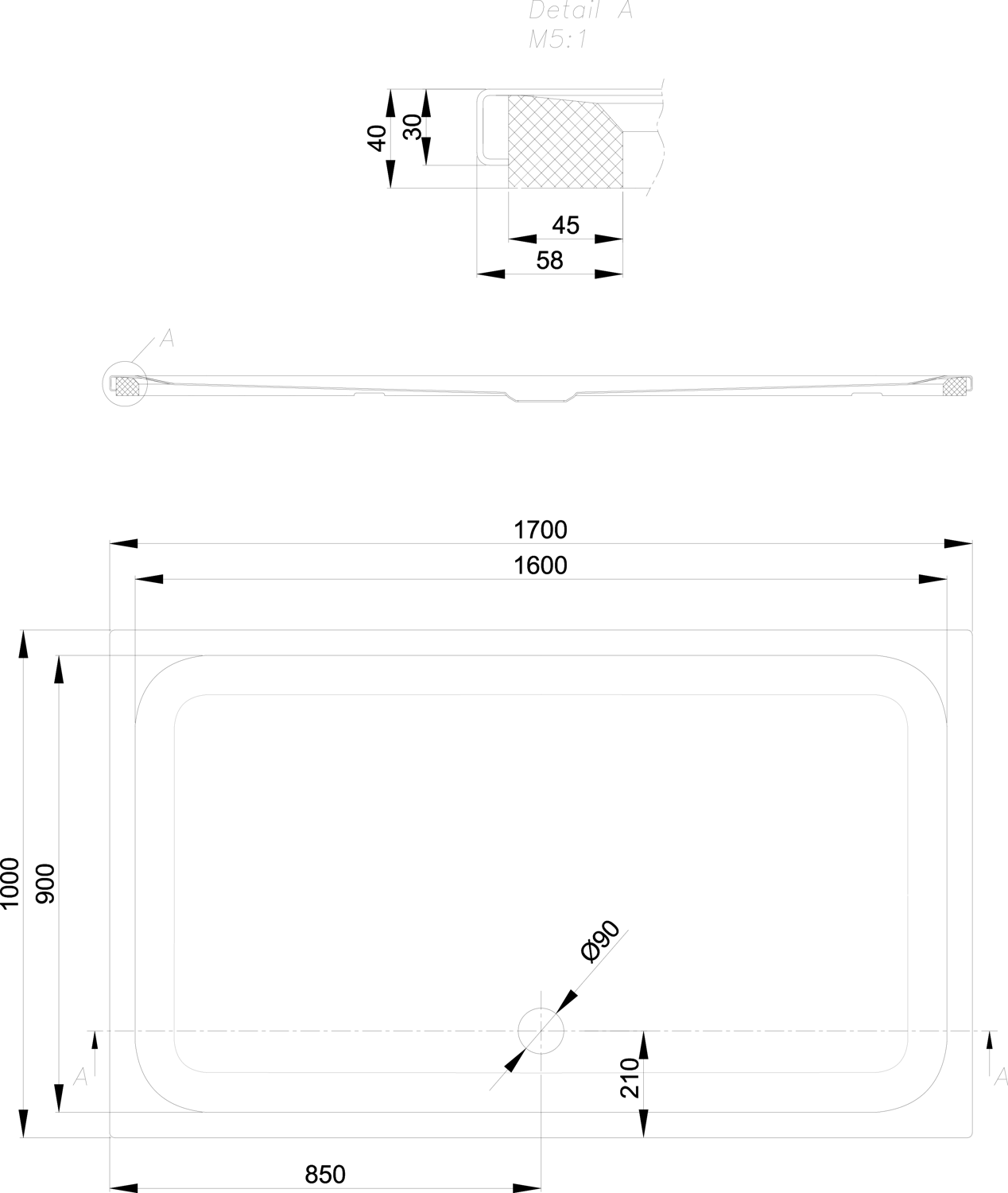 Duschwanne BetteUltra 5806 170x100x3,5cm, Mini-Wannenträger, raven