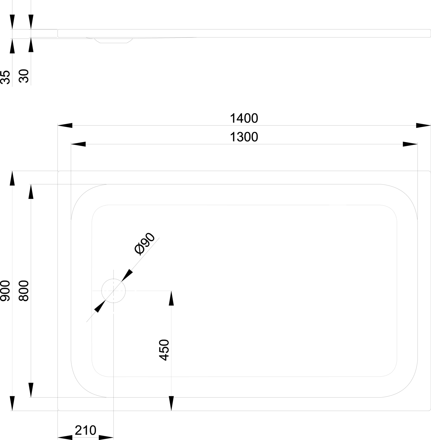 Duschwanne BetteUltra 5834 140x90x3,5cm, anthracite