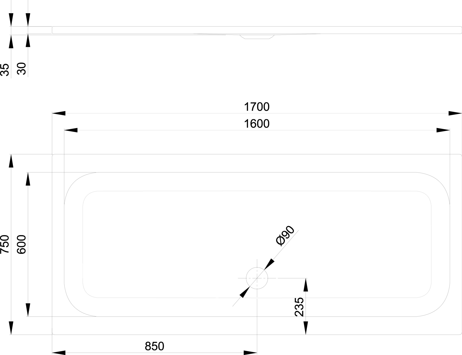 Duschwanne BetteUltra 5996 170x75x3,5cm, silver