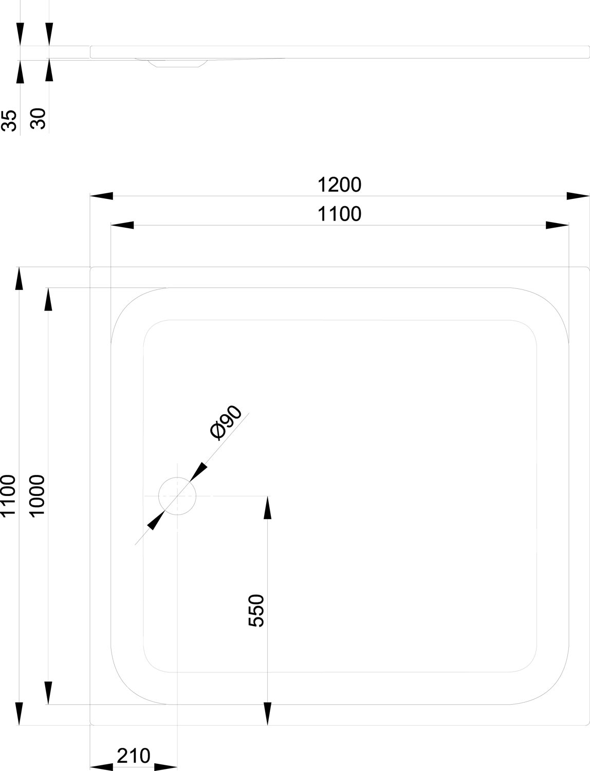 Duschwanne BetteUltra 8664 120x110x3,5cm, Glasur, weiß
