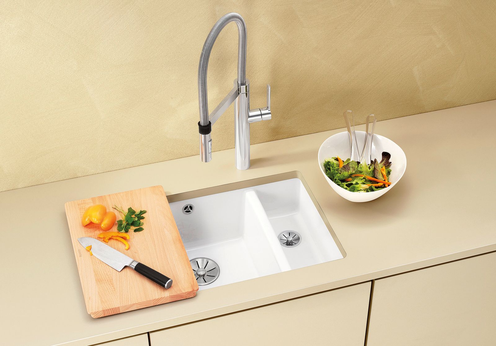 Blanco Becken Subline 350/150-U 56,7 x 45,6 cm, Keramik PuraPlus magnolia glänzend, Hauptbecken links, ohne Ablauffernbedienung