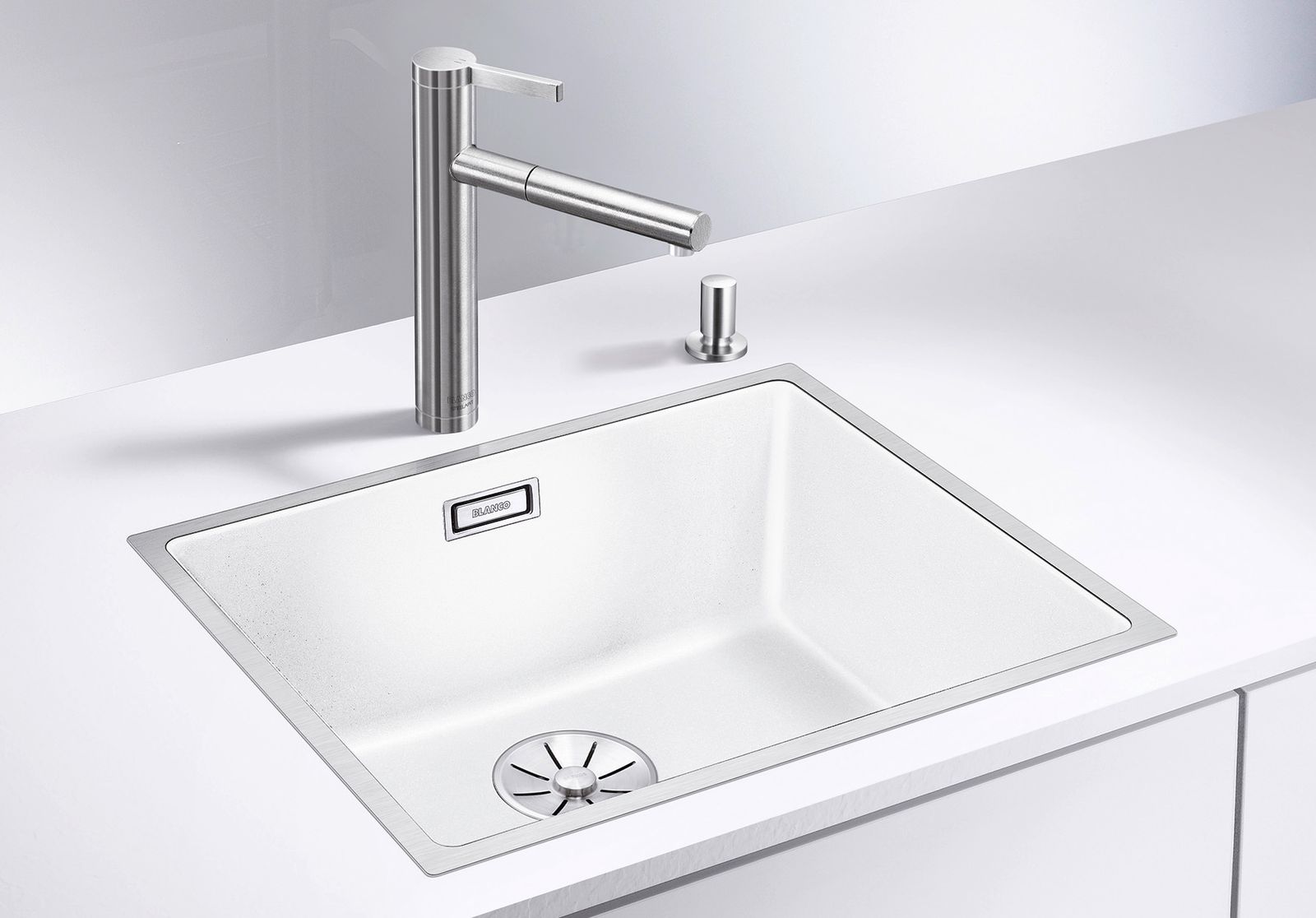 Blanco Becken SUBLINE 500-IF SteelFrame SILGRANIT 54,3 x 44,3 cm, PuraDur weiß, Einbau von oben, mit Zugknopffernbedienung