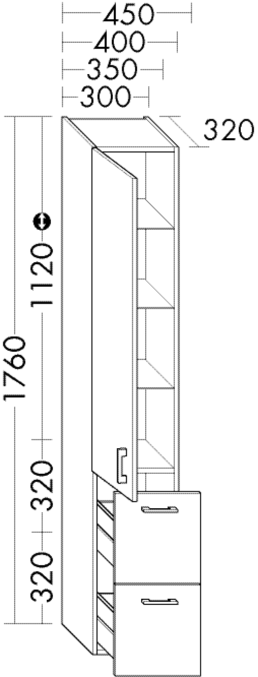 Burgbad Hochschrank sys30 45 x 176 x 32 cm, Sana, 1 Tür, 2 Auszüge