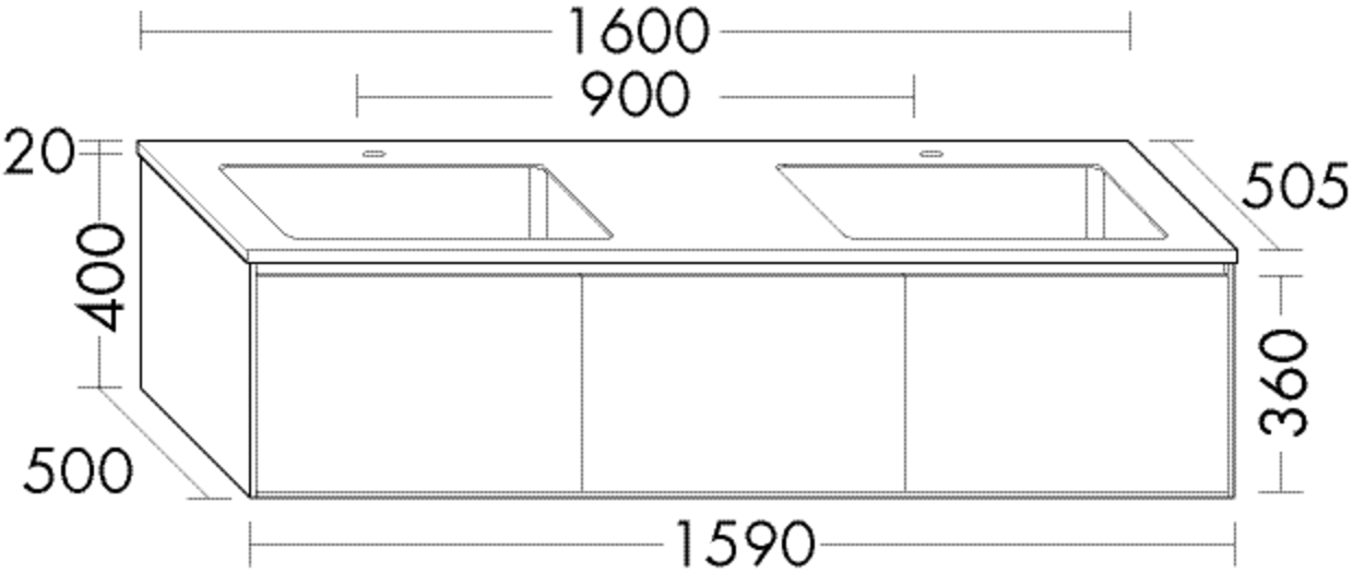 Burgbad Mineralguss Doppel-Waschtisch Unterschrank-Set rc40 Solitaire 160 x 42 x 50,5 cm, Lackiert Matt, 3 Auszüge