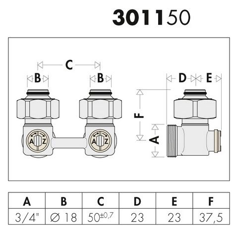 Caleffi Zweirohr-Hahnblock Eck, Heizkörperanschluss 3/4" IG