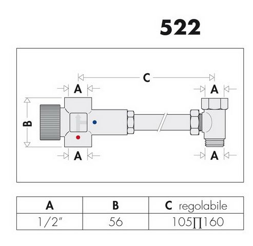 Caleffi Thermomischer 522 1/2", 30-48 °C, verchromt, einstellbar, für Warmwasserspeicher