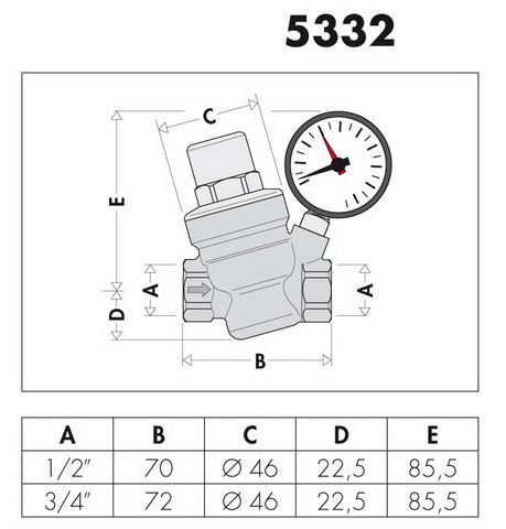 Caleffi Schrägsitz-Druckminderer 1/2" IG, verchromt, 1-6 bar, mit Manometer 0-10 bar