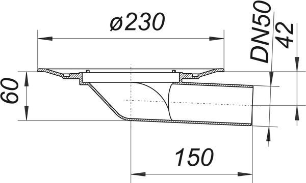 Dallmer Balkonablaufgehäuse 83 DN 50, Ablaufstutzen seitlich, 3° abgewinkelt
