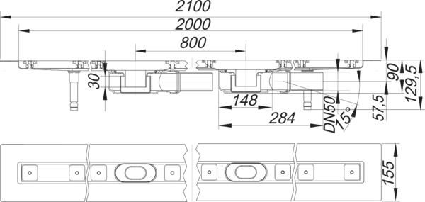 Dallmer Duschrinne CeraLine Plan F Duo 2000, L1 2000/L2 2100/L3 800 mm, DN 50