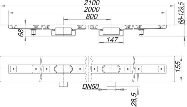 Dallmer Duschrinne CeraLine Nano F Duo 2000, L1 2000/L2 2100/L3 800 mm, DN 50