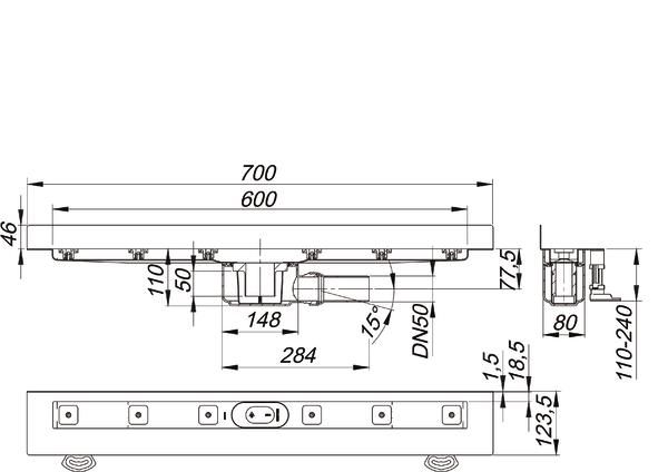 Dallmer Duschrinne CeraLine W W 600, L1 600/L2 700 mm, DN 50