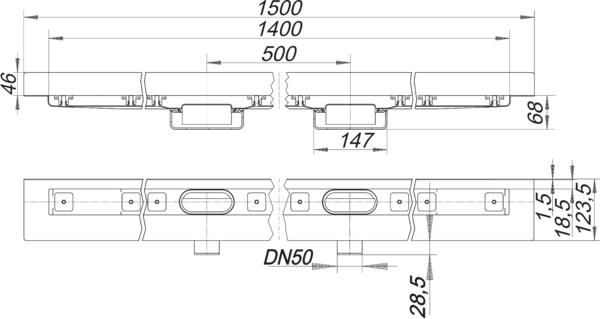 Dallmer Duschrinne CeraLine Nano W Duo 1400, L1 1400/L2 1500/L3 500 mm, DN 50