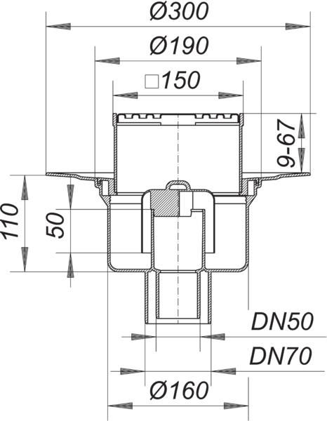 Dallmer Bodenablauf 61 HT/KE Serie 15 DN 50/70, 150x150mm