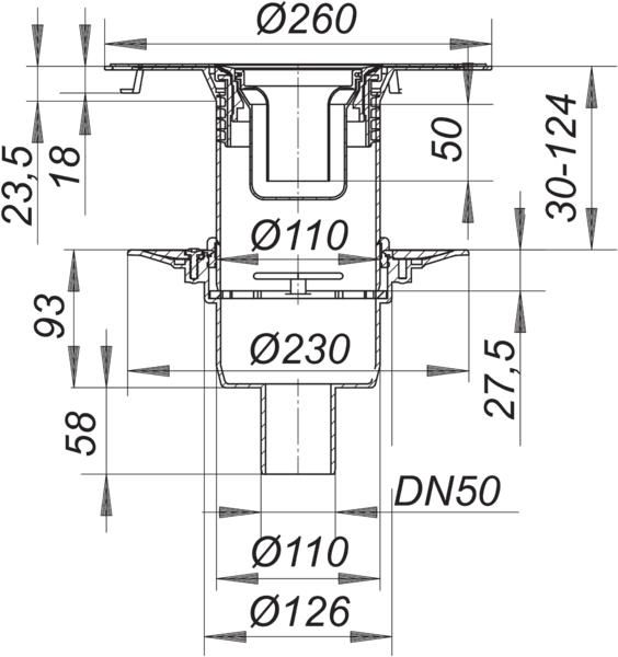 Dallmer Bodenablauf 30 N DN 50, senkrecht, für 1-teilige Naturstein-Duschtassen