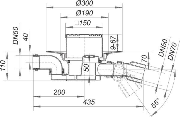 Dallmer Bodenablauf 55 KE Serie 15 DN 50/70, Zulauf DN 50, 180Grad schwenkbar
