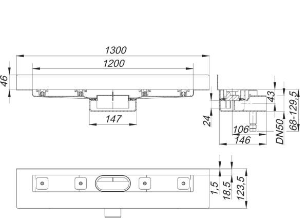 Dallmer Duschrinne CeraLine Nano W 1200, L1 1200/L2 1300 mm, DN 50