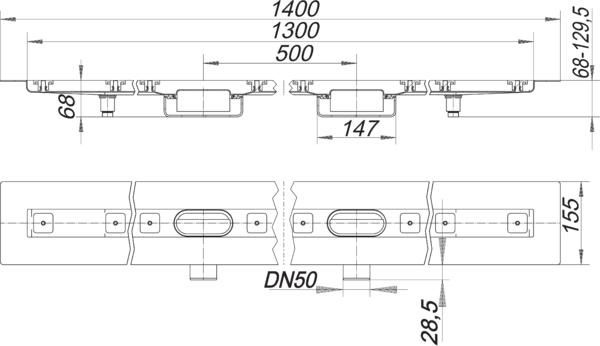 Dallmer Duschrinne CeraLine Nano F Duo 1300, L1 1300/L2 1400/L3 500 mm, DN 50