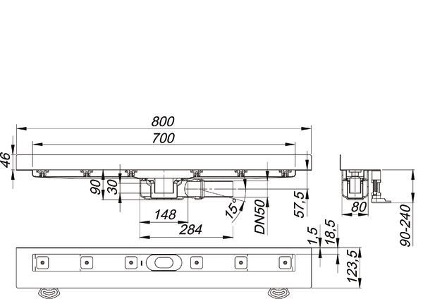 Dallmer Duschrinne CeraLine Plan W 700, L1 700/L2 800 mm, DN 50