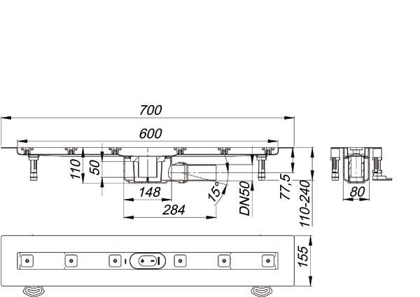 Dallmer Duschrinne CeraLine F 600, L1 600/L2 700 mm, DN 50