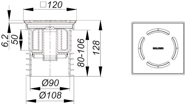 Dallmer Bodenablauf PRONTO Primus Edelstahl 1.4301, DN 100, 120x120mm