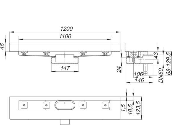 Dallmer Duschrinne CeraLine Nano W 1100, L1 1100/L2 1200 mm, DN 50