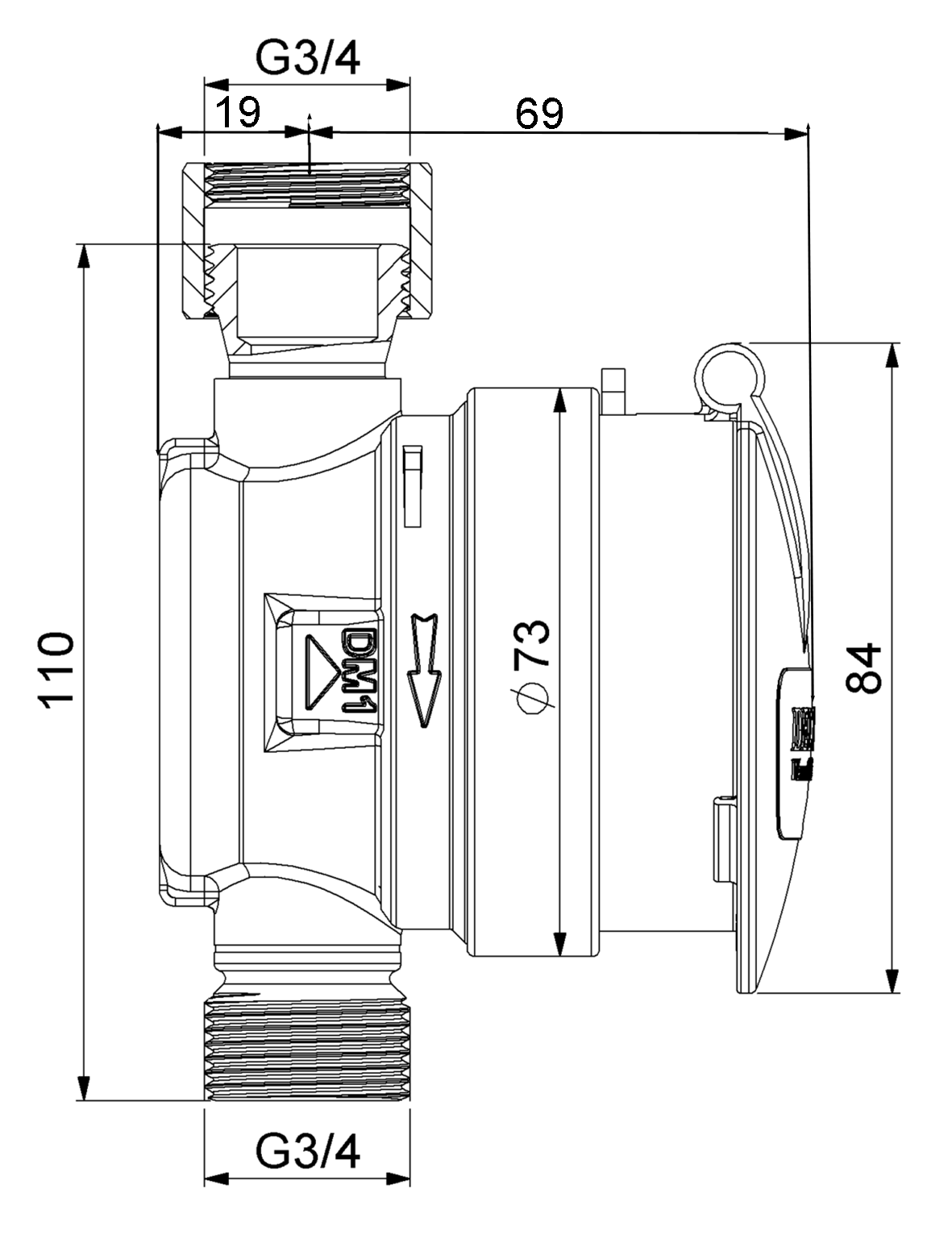 Deltamess Zapfhahnzähler TKS smart M Kalt, G 3/4" AGx110mm, Q3 2,5 cbm/h, mit Schutzdeckel