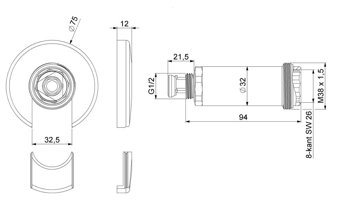 Deltamess Mantelrohr 1/2" plus 90 mm, 116,5 mm, mit 2-tlg. Wandabdeckrosette, verchromt