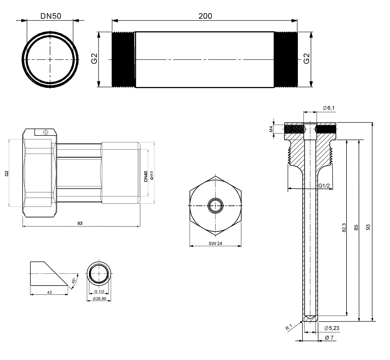 Deltamess Einbausatz G 2 AG x 200 mm, mit Distanzstück, für Splitwärmezähler