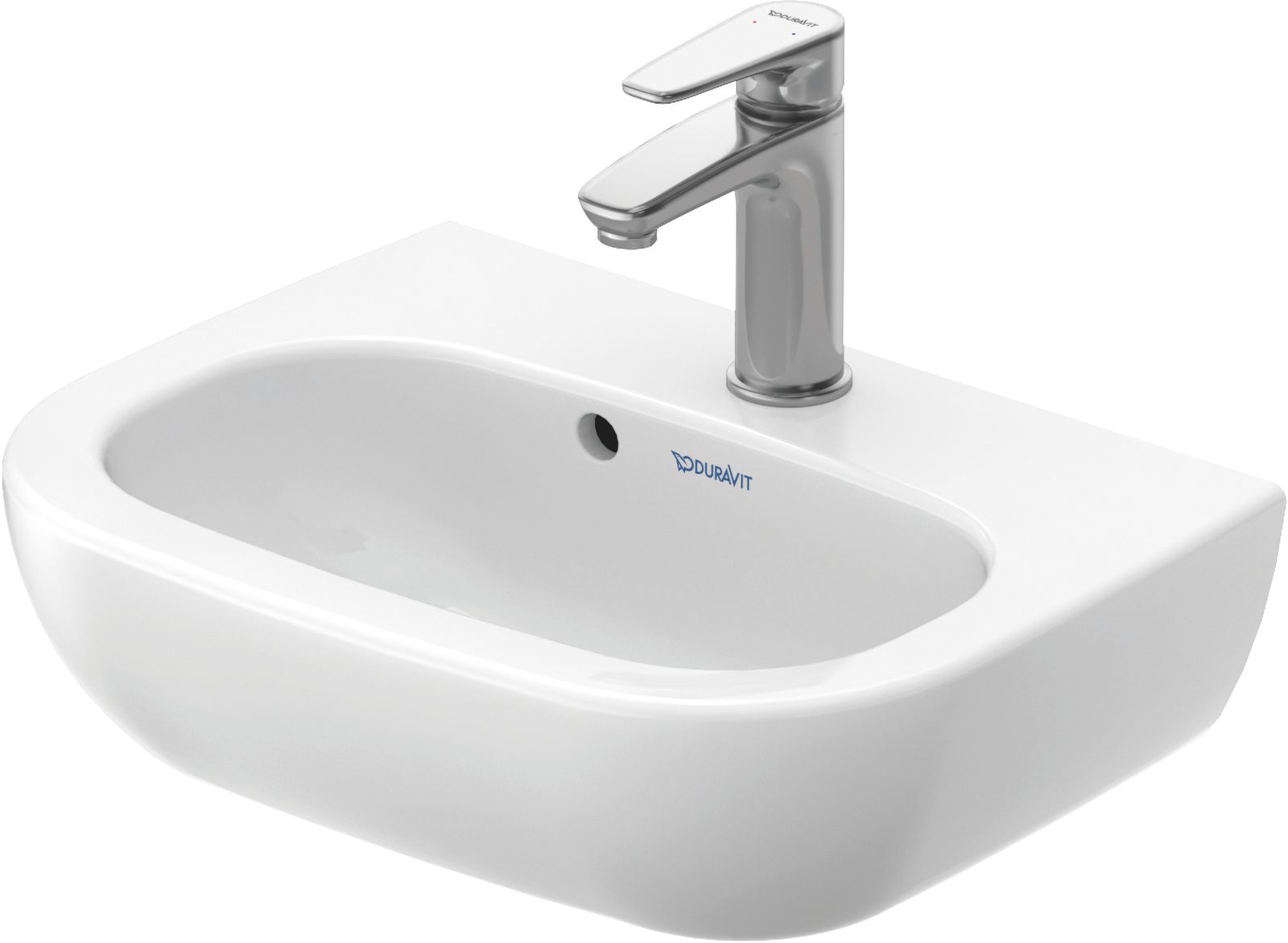Duravit Handwaschbecken D-Code 45x34cm, mit Hahnloch, Überlauf, Hahnlochbank, weiß