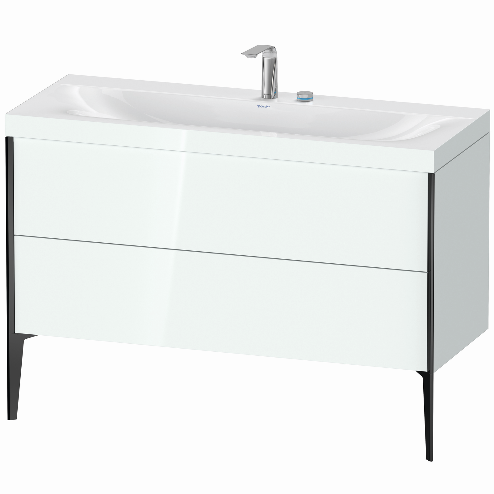 Duravit Waschtisch-Unterschrank c-bonded XViu 120x48cm, 2 Auszüge, 2 Hahnlöcher, schwarz matt, Rahmen C, weiß hochglanz