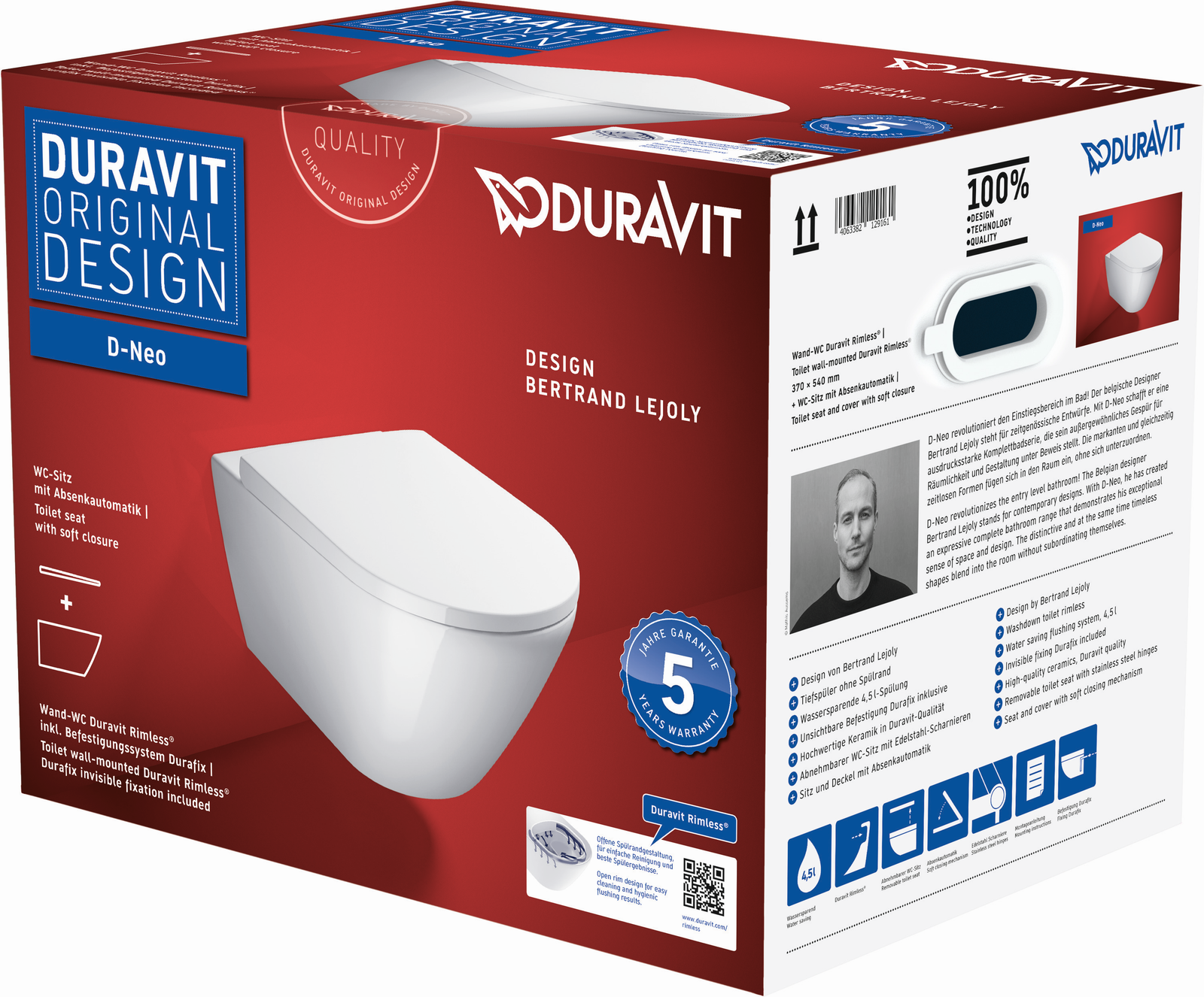 Duravit Wand-Tiefspül-WC-Set D-Neo mit WC-Sitz, Rimless, weiß