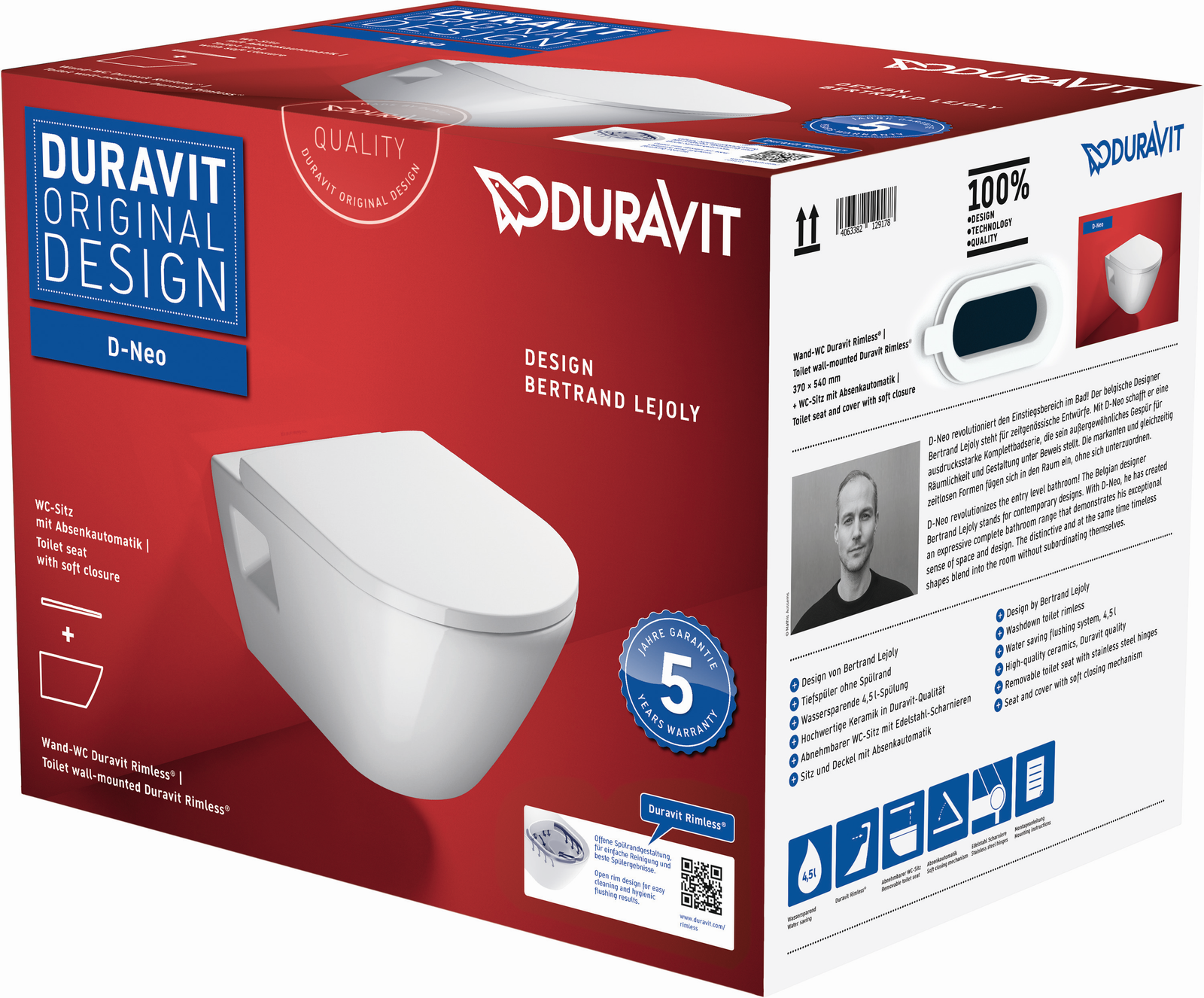 Duravit Wand-Tiefspül-WC-Set D-Neo mit WC-Sitz, Rimless, weiß