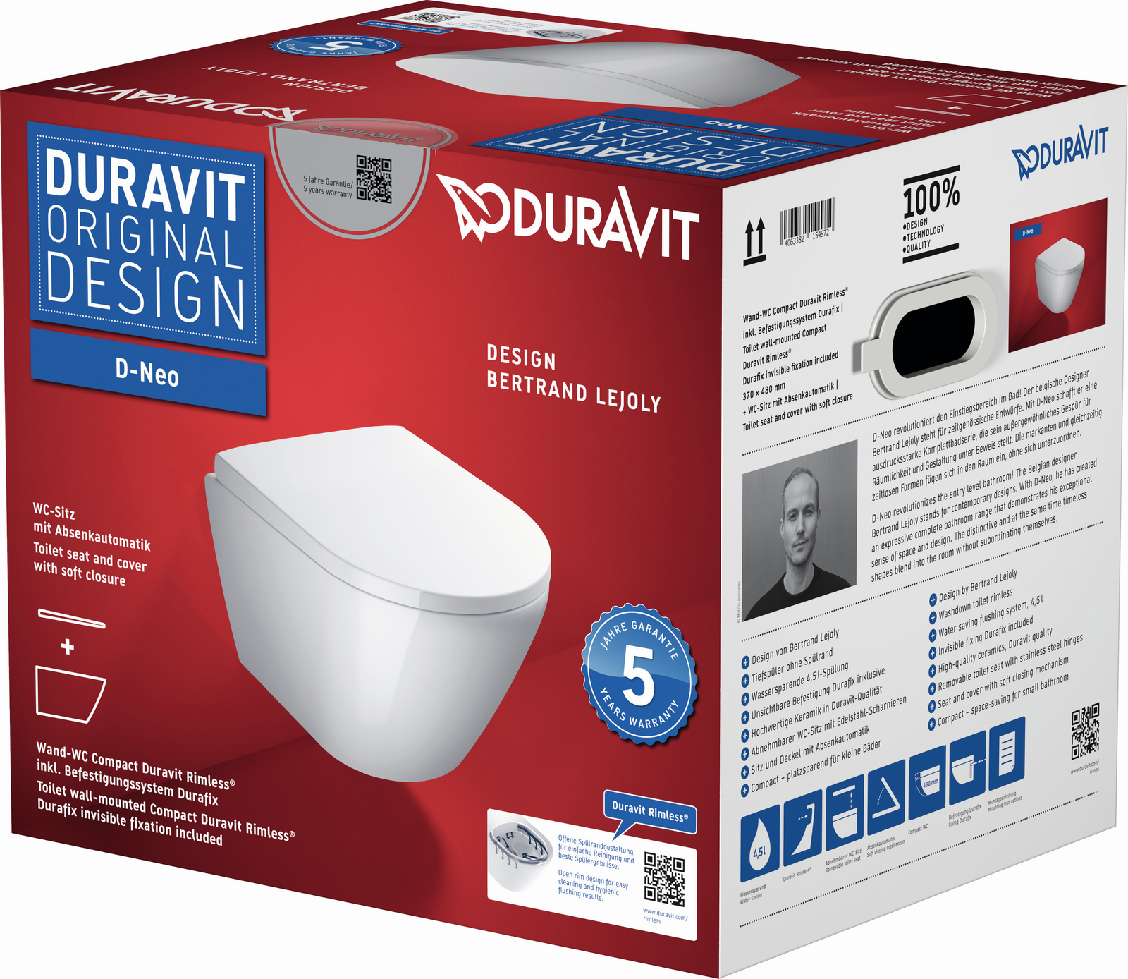Duravit Wand-Tiefspül-WC-Set Compact D-Neo mit WC-Sitz, Rimless, weiß